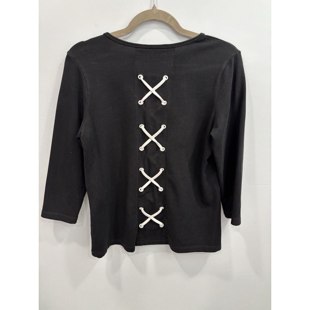 E.L.I. Black Top Medium Pima Cotton Lace Up Back 3/4 Sleeve Stretch Shirt